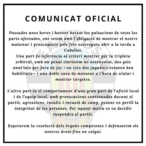 COMUNICAT OFICIAL: Partit CF Cubelles - CF Amposta (Promoci ascens Primera Catalana tornada)